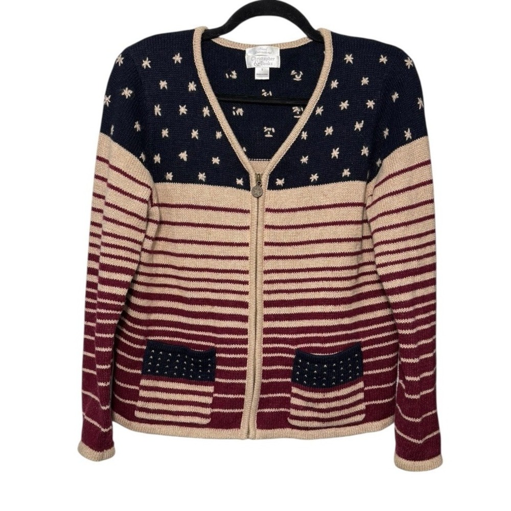 Vtg 2003 Christopher & Banks Hand Embroidered USA Flag‎ Full Zip Sweater Size S